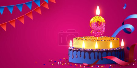 Ilustración de 9 year anniversary. Cake with burning candles and confetti. Birthday banner. Vector illustration - Imagen libre de derechos