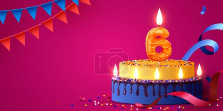 Illustration for 6 year anniversary. Cake with burning candles and confetti. Birthday banner. Vector illustration - Royalty Free Image