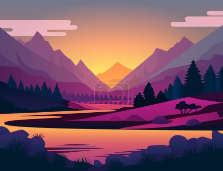 Illustration for Landscape with silhouettes of mountains and Mountain river. Nature background. Vector illustration. - Royalty Free Image