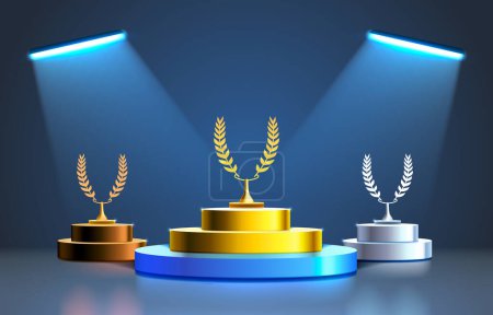 Illustration for Stage podium with lighting, Stage Podium Scene with for Award Ceremony on blue Background, Vector illustration - Royalty Free Image