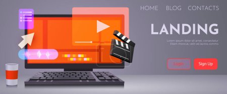 Illustration for Video player on computer screen. Multimedia concepts. Cute design graphic elements. Vector illustration - Royalty Free Image