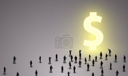 Téléchargez les illustrations : Large group of people stand in front of a glowing dollar sign. Concept of business and success growth. Vector illustration - en licence libre de droit