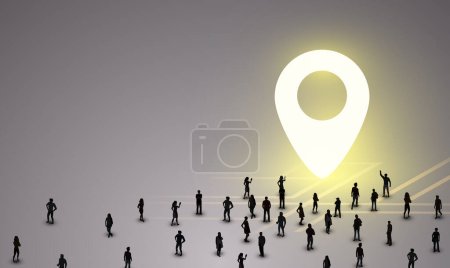 Illustration for Large group of people stand in front of a glowing map marker. Concept of traveling and navigation. Vector illustration - Royalty Free Image