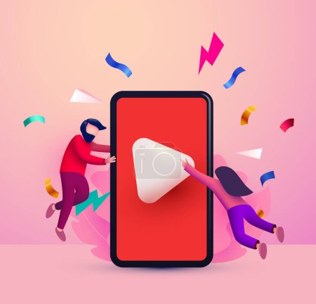 Ilustración de Phone with video player and small people flying around. Video streaming and vlog concept. Vector illustration for web sites and banners design - Imagen libre de derechos