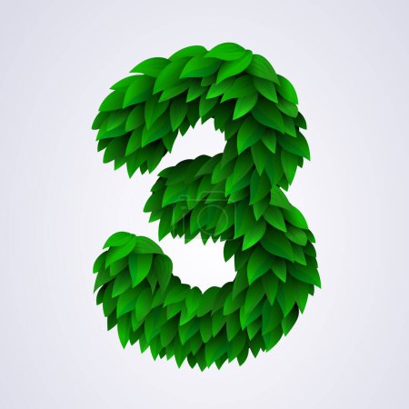 Téléchargez les illustrations : Number 3 made of green leaves. Vector illustration - en licence libre de droit
