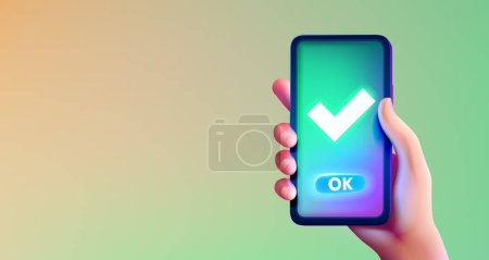 Illustration for Button to confirm the action in the phone, the hand holds the device. Vector illustration - Royalty Free Image