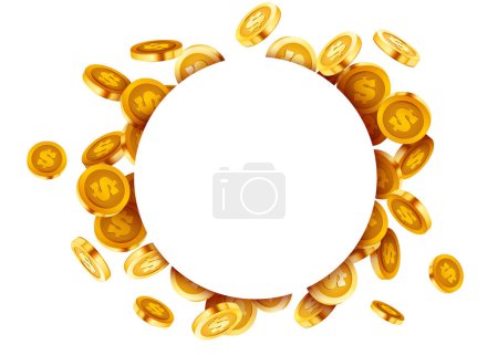 Illustration for Empty circle frame with flying golden coins. Vector illustration - Royalty Free Image