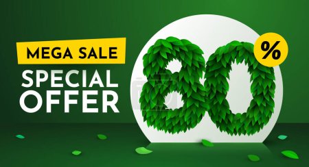 Illustration for 80 percent Off. Discount creative composition. Sale brochure with font made from leaves. Sale banner and poster. Vector illustration. - Royalty Free Image
