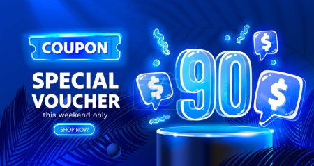Coupon special voucher 90 dollar, Neon banner special offer. Vector illustration