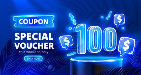 Ilustración de Cupón bono especial 100 dólares, Neon banner oferta especial. Ilustración vectorial - Imagen libre de derechos