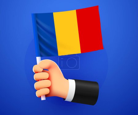 Téléchargez les illustrations : 3ème main tenant le drapeau national de Roumanie. Illustration vectorielle - en licence libre de droit