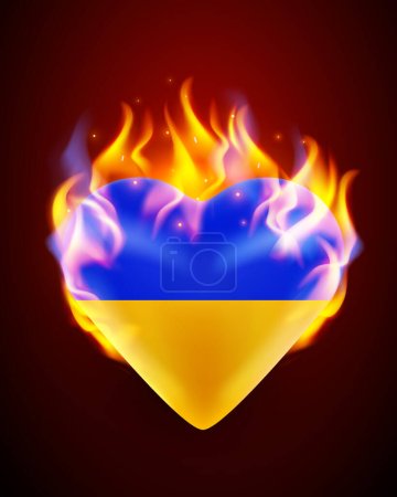 Ilustración de 3d corazón con bandera nacional de Ucrania en llamas. Quédate con Ucrania. Ilustración vectorial - Imagen libre de derechos