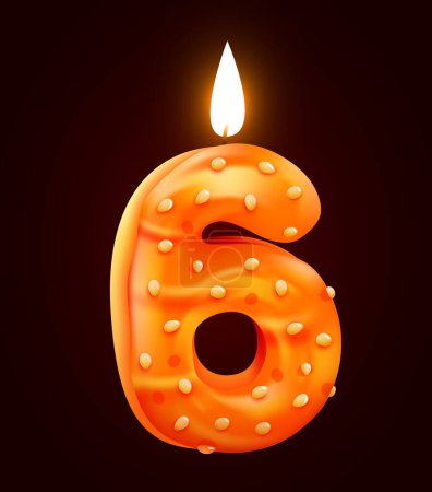 Illustration for Birthday cake font number 6 with candle. Six year anniversary. Tasty collection. Vector illustration - Royalty Free Image