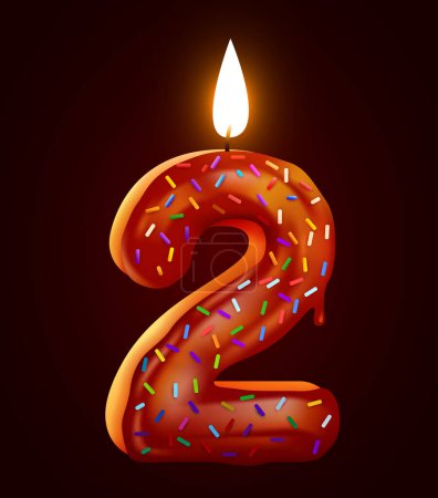 Illustration for Birthday cake font number 2 with candle. Two year anniversary. Tasty collection. Vector illustration - Royalty Free Image