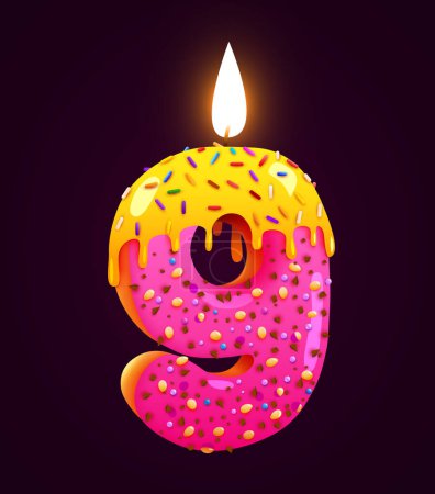 Ilustración de Pastel de cumpleaños fuente número 9 con vela. Nueve años de aniversario. Una colección sabrosa. Ilustración vectorial - Imagen libre de derechos