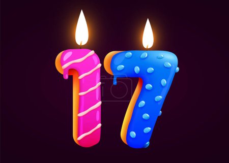 Téléchargez les illustrations : Gâteau d'anniversaire police numéro 17 avec bougie. Un an. Une collection savoureuse. Illustration vectorielle - en licence libre de droit