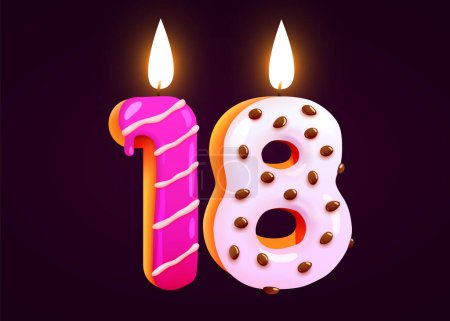 Ilustración de Pastel de cumpleaños fuente número 18 con vela. Un año de aniversario. Una colección sabrosa. Ilustración vectorial - Imagen libre de derechos