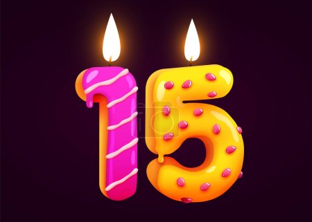 Geburtstagstorte Schrift Nummer 15 mit Kerze. Ein Jahr Jubiläum. Leckere Kollektion. Vektorillustration