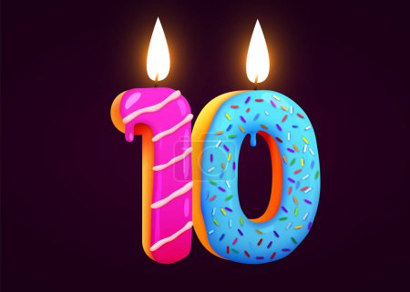 Ilustración de Pastel de cumpleaños fuente número 10 con vela. Un año de aniversario. Una colección sabrosa. Ilustración vectorial - Imagen libre de derechos