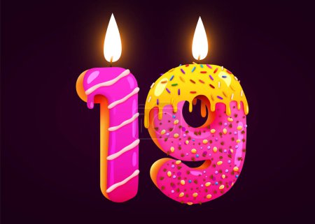 Illustration for Birthday cake font number 19 with candle. One year anniversary. Tasty collection. Vector illustration - Royalty Free Image
