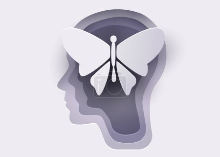 Téléchargez les illustrations : Silhouette d'une tête humaine avec papillon. Concept de santé mentale. Illustration vectorielle - en licence libre de droit
