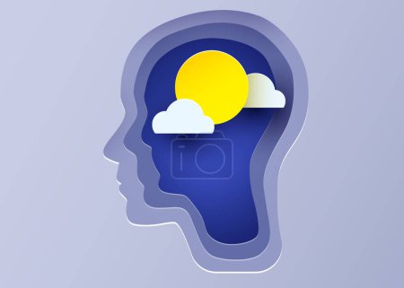 Ilustración de Silueta de una cabeza humana con sol y nube. Concepto de salud mental y psicología. Ilustración vectorial - Imagen libre de derechos