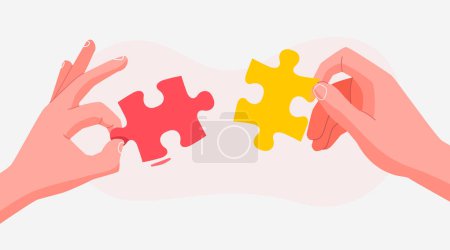 Illustration for Hands put the puzzle together. The concept of cooperation. Modern flat style. Isolated on white background. Vector illustration - Royalty Free Image