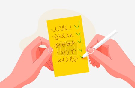 Illustration for Hand makes a to-do list on yellow paper. Reminder sticker. Modern flat style. Isolated on white background. Vector illustration - Royalty Free Image