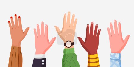Illustration for Multiethnic male and female hands raised up. Concept of international volunteer community. Modern flat style. Isolated on white background. Vector illustration - Royalty Free Image
