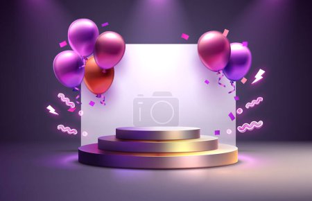 Téléchargez les illustrations : Ballon podium présent, célébrer joyeux anniversaire, bannière plate-forme en or. Vecteur - en licence libre de droit