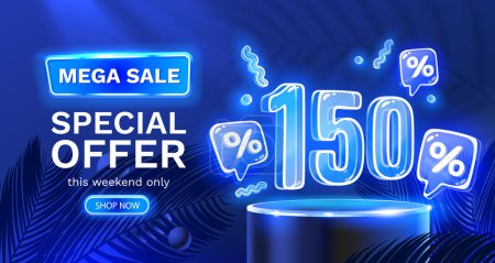 Illustration for Mega sale special offer, Neon 150 off sale banner. Sign board promotion. Vector - Royalty Free Image