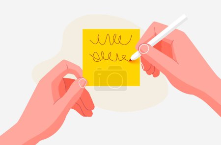 Illustration for Human hand writes a reminder on a sticky note. Flat cartoon style. Vector illustration - Royalty Free Image