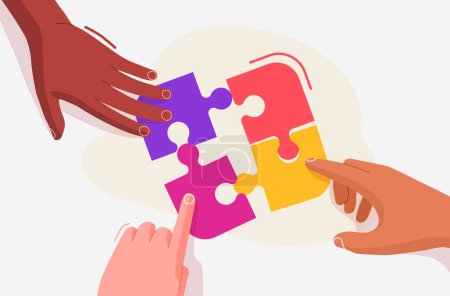 Illustration for Human hands solve jigsaw puzzle. Concept of team, cooperation. Flat cartoon style. Vector illustration - Royalty Free Image