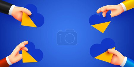 Illustration for 3d hands holding hearts with Ukrainian national flag. Stand with Ukraine. Vector illustration - Royalty Free Image