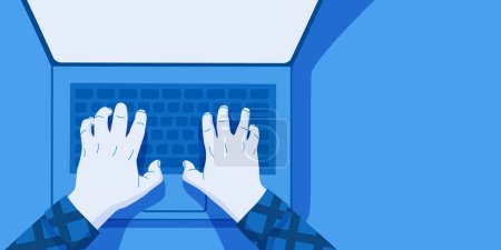 Illustration for Hands at work behind a laptop keyboard with at the table. Workplace at home. Vector illustration - Royalty Free Image
