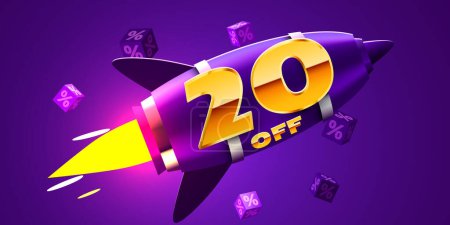 Illustration for 20 percent Off. Discount creative composition with rocket. Mega Sale. Vector illustration. - Royalty Free Image