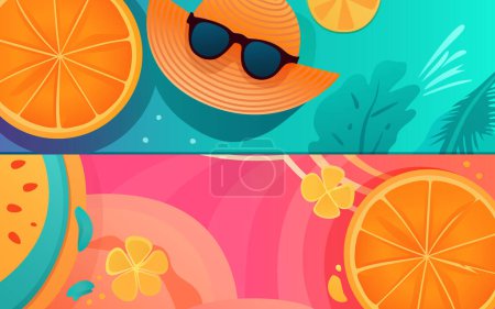 Téléchargez les illustrations : Bannière de l'heure d'été, bar de fête de saison, fruité tropical. Vecteur - en licence libre de droit