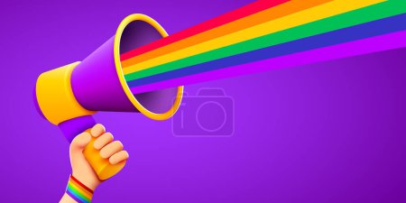 Illustration for Hand holds megaphone with LGBT rainbow flag. Pride month banner. Peoples rights movement, diversity concept. Vector illustration - Royalty Free Image