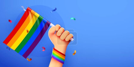 Illustration for Hand holds LGBT rainbow flag. Pride month banner. Peoples rights movement, diversity concept. Vector illustration - Royalty Free Image