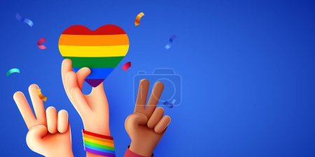 Ilustración de El aumento de las manos multiétnicas celebra el mes del orgullo en el fondo de la bandera del arco iris LGBT. Movimiento por los derechos de los pueblos, concepto de diversidad. Ilustración vectorial - Imagen libre de derechos