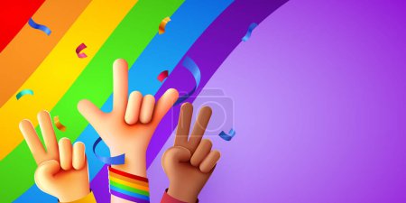 Illustration for Rising multiethnic Hands celebrate pride month on LGBT rainbow flag background. Peoples rights movement, diversity concept. Vector illustration - Royalty Free Image