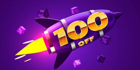Illustration for 100 percent Off. Discount creative composition with rocket. Mega Sale. Vector illustration. - Royalty Free Image