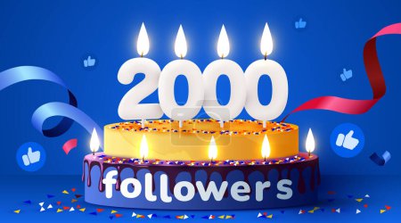 Illustration for 2k or 2000 followers thank you. Social Network friends, followers, subscribers and likes. Birthday cake with candles. Vector illustration - Royalty Free Image