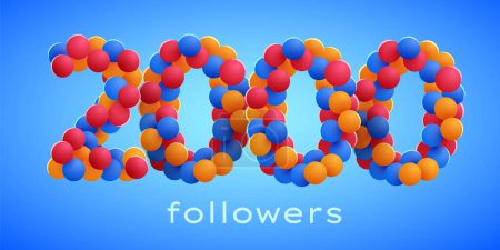 Téléchargez les illustrations : 2k ou 2000 disciples vous remercient avec des ballons colorés. Social Network amis, abonnés, Célébrer des abonnés ou des abonnés et aime. Illustration vectorielle - en licence libre de droit