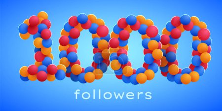 Illustration for 1k or 1000 followers thank you with colorful balloons. Social Network friends, followers, Celebrate of subscribers or followers and likes. Vector illustration - Royalty Free Image