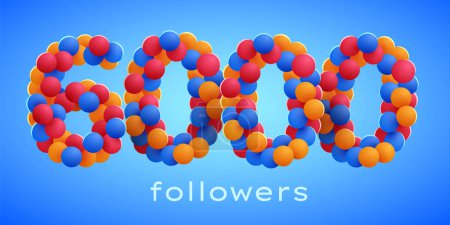 Téléchargez les illustrations : 6k ou 6000 followers vous remercient avec des ballons colorés. Social Network amis, abonnés, Célébrer des abonnés ou des abonnés et aime. Illustration vectorielle - en licence libre de droit