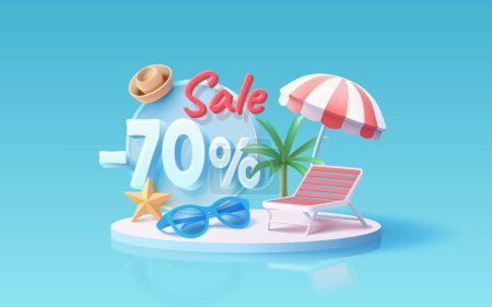 Illustration for Summer time banner sale 70 Percentage, beach umbrella with lounger for relaxation, sunglasses, seaside vacation scene. Vector - Royalty Free Image