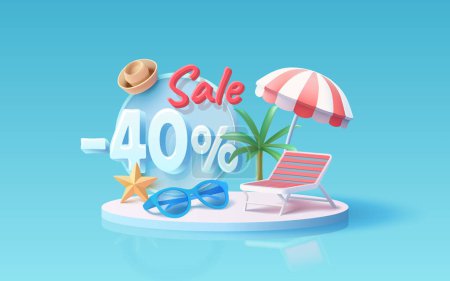 Illustration for Summer time banner sale 40 Percentage, beach umbrella with lounger for relaxation, sunglasses, seaside vacation scene. Vector - Royalty Free Image