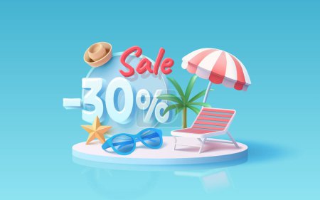 Illustration for Summer time banner sale 30 Percentage, beach umbrella with lounger for relaxation, sunglasses, seaside vacation scene. Vector - Royalty Free Image