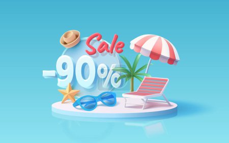 Illustration for Summer time banner sale 90 Percentage, beach umbrella with lounger for relaxation, sunglasses, seaside vacation scene. Vector - Royalty Free Image